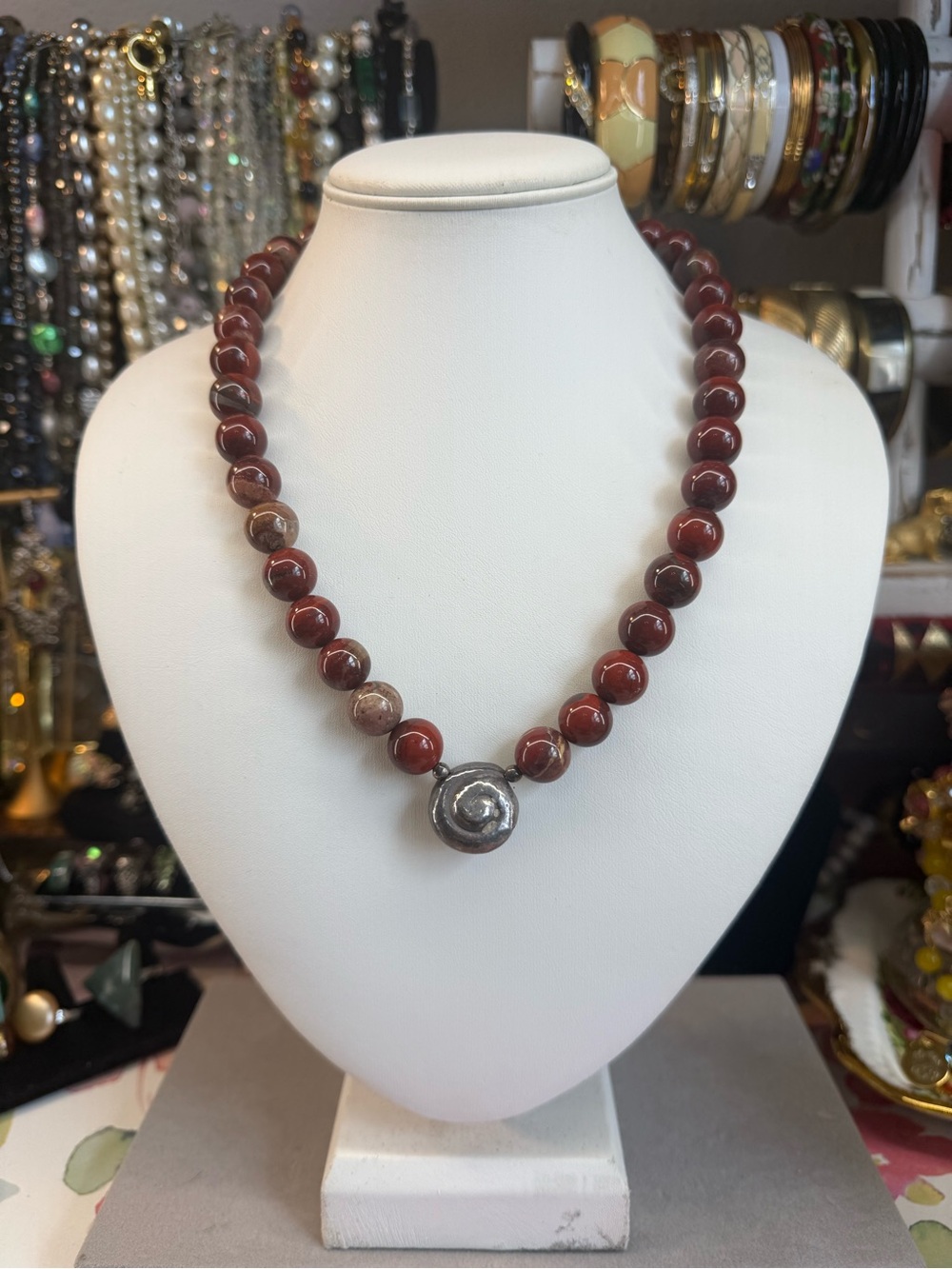 Vintage Red Jasper Beaded Necklace with sterling Silver Pendant